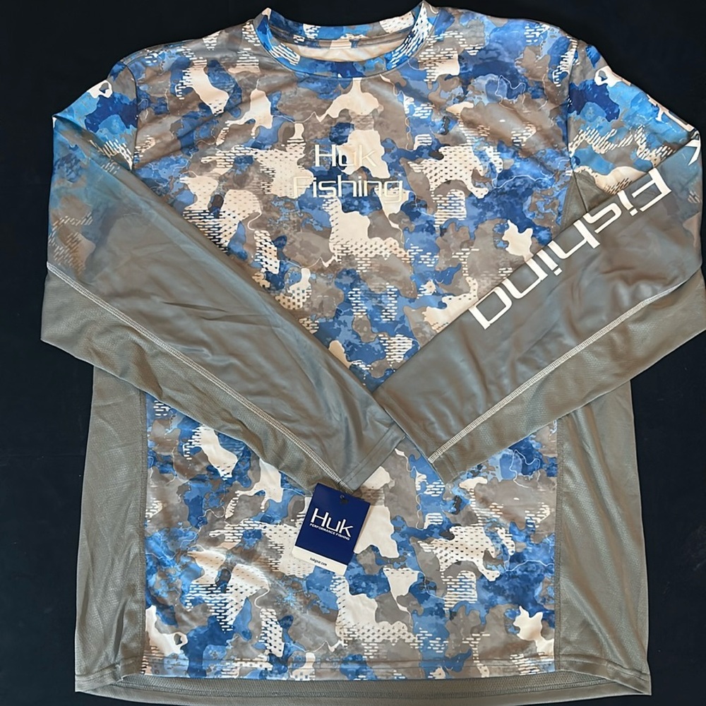 Men's HUK Fishing Shirt Gray Camo (White and Blue)